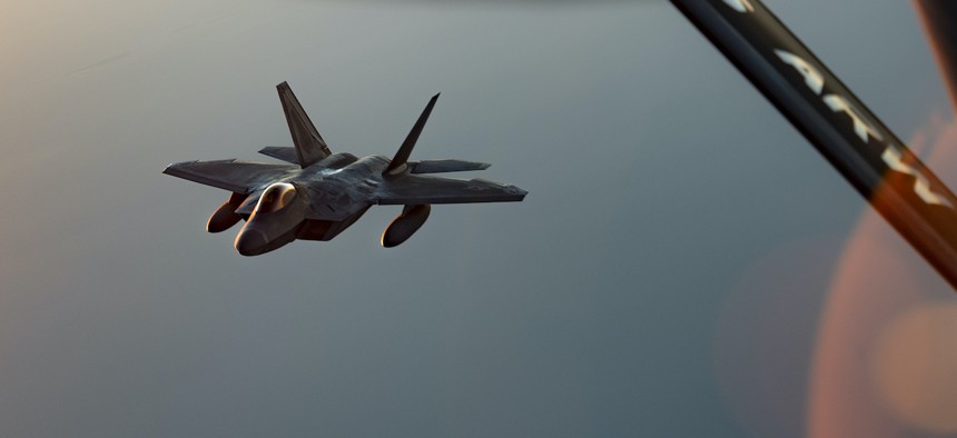 A U.S. Air Force F-22 Raptor flies over the U.S. Central Command area of responsibility, March 14, 2022. 