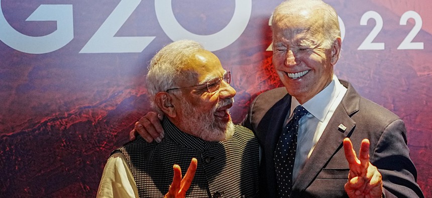 Narendra Modi, prime minister of India, and U.S. President Joe Biden at the G20 summit in Indonesia, November 15, 2022. 