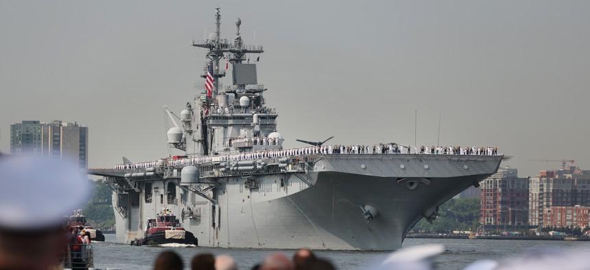 The amphibious assault ship USS Wasp arrives in New York Harbor for the annual Fleet Week event on May 24, 2023.
