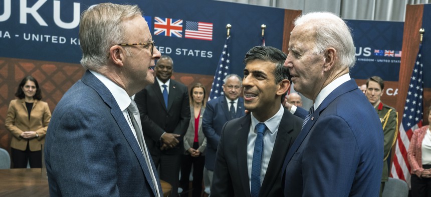 President Joe Biden greets British Prime Minister Rishi Sunak and Australian Prime Minister Anthony Albanese the AUKUS bilateral meeting in San Diego, Calif, March 13, 2023.