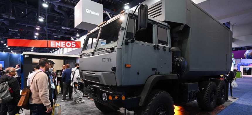 A Palantir Technologies TITAN, Tactical Intelligence Targeting Access Node, for military defense field intelligence deployment, is displayed at the company's booth during the Consumer Electronics Show in Las Vegas on January 5, 2023. 