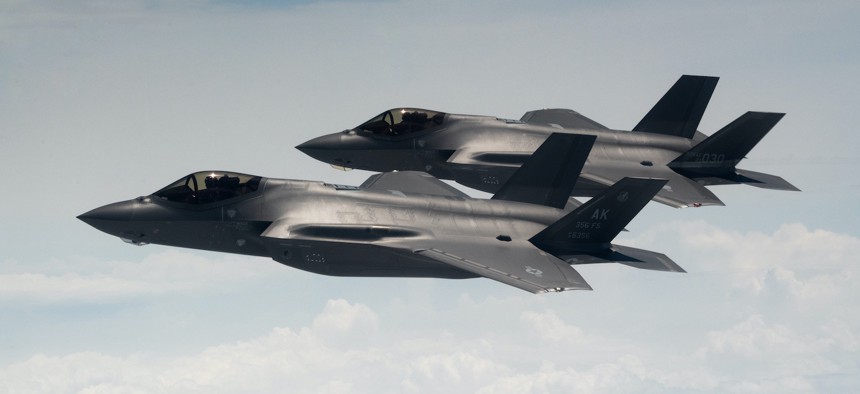 U.S. Air Force F-35 Lightning IIs from the 356th Fighter Squadron at Eielson Air Force Base, Alaska, fly side by side with Republic of Korea Air Force F-35s from the 151st and 152nd Combat Flight Squadrons as part of a bilateral exercise over the Yellow Sea, Republic of Korea, July 12, 2022. 