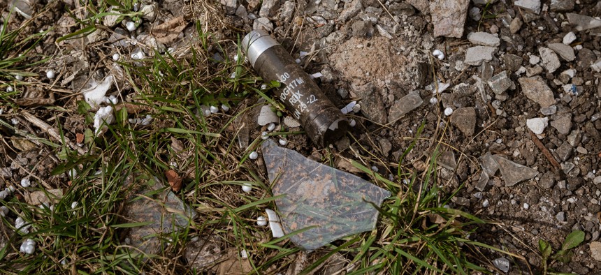Cluster bomb capluse is seen on the ground amid Russia-Ukraine war at the frontline city of Avdiivka, Ukraine on March 23, 2023.