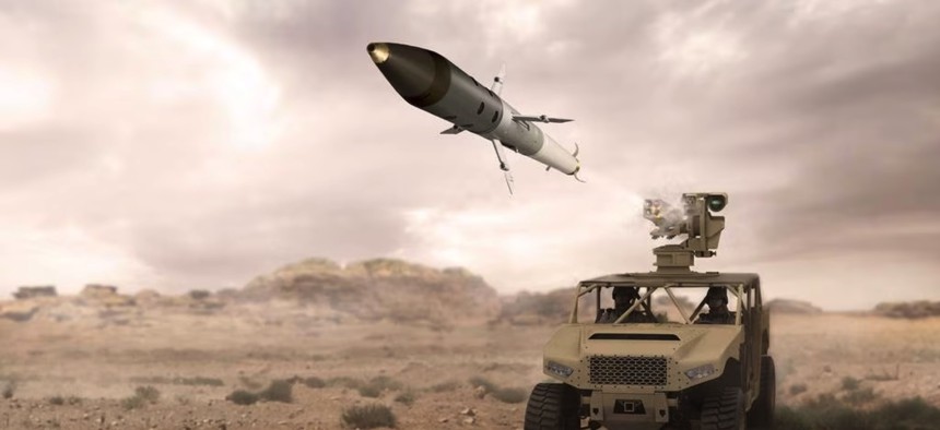 An artist's conception of a test launch of BAE Systems' APKWS rocket.