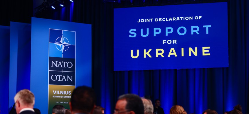 An audience attendsthe G7 Declaration of Joint Support for Ukraine during NATO Summit in Vilnius, Lithuania on July 12, 2023. 