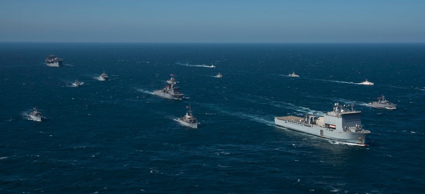 Ships from partner nations of Combined Task Force North participate in a photo exercise during International Maritime Exercise/Cutlass Express (IMX/CE) 2022 in the Persian Gulf on Feb. 9, 2022. 