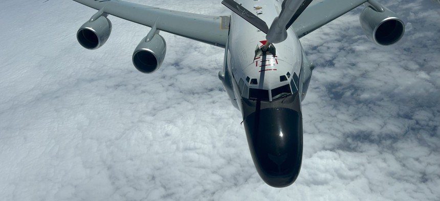 A Metrea Strategic Mobility KC-135 refuels a U.S. Air Force RC-135 Rivet Joint in June 2023.
