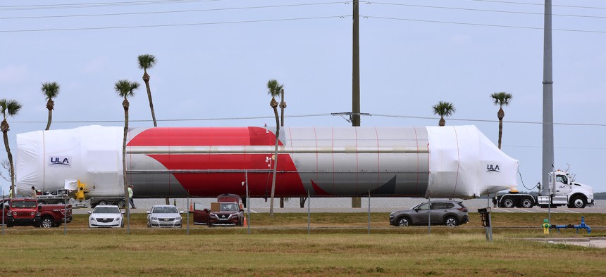 United Launch Alliances (ULA) newest rocket, the Vulcan Centaur, is carried to a processing facility following its arrival at Cape Canaveral Space Force Station in Florida, on January 22, 2023. 