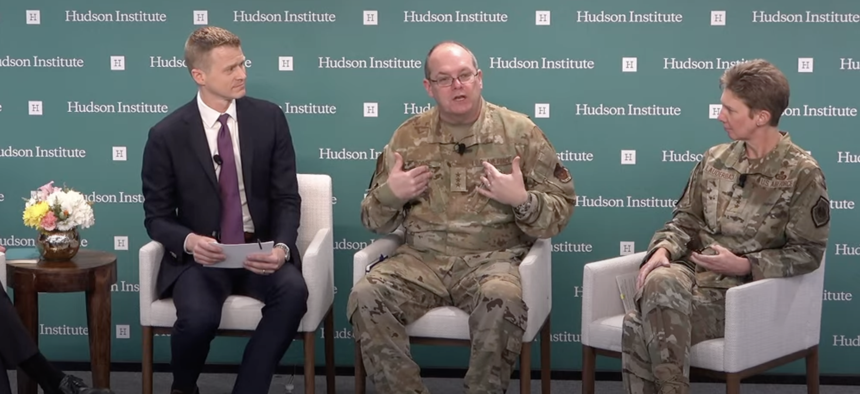 Lt. Gen. Richard Moore, Air Force deputy chief of staff for plans and programs, center, speaks at a Hudson Institute event on July 20, 2023.