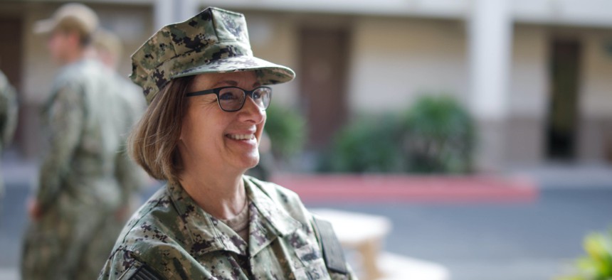 U.S. Navy Adm. Lisa Franchetti during a tour of Marine Corps Base Hawaii, Dec. 13, 2022. 