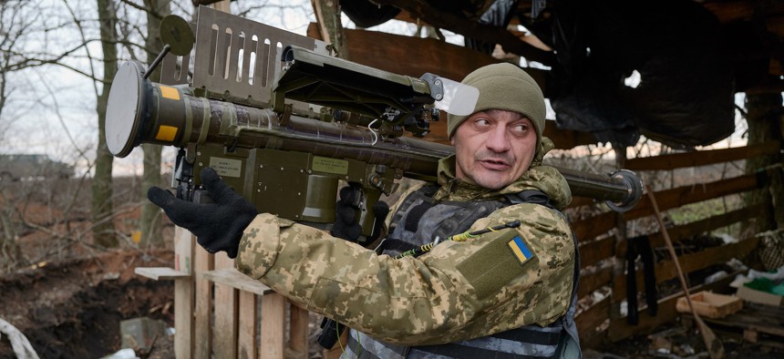 A Ukrainian soldier holds a U.S.-made Stinger air-defense missile in Bakhmut, Ukraine, on December 29, 2022. 