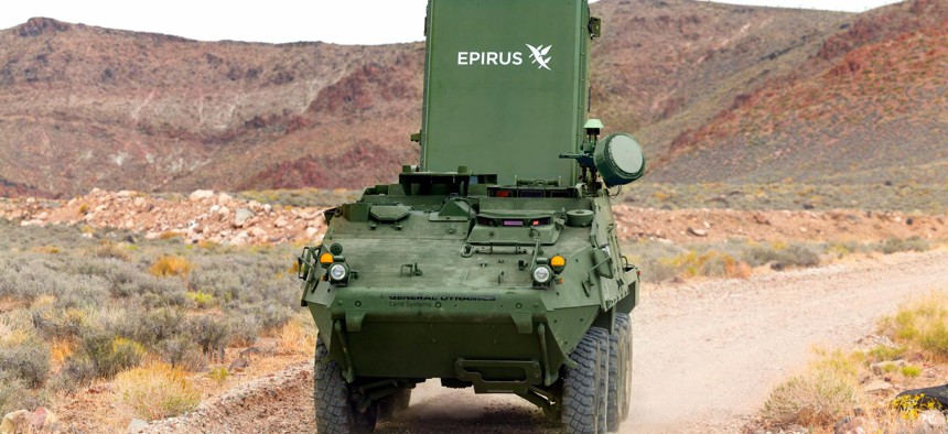 An Epirus Leonidas counter-drone system mounted on a Stryker vehicle.