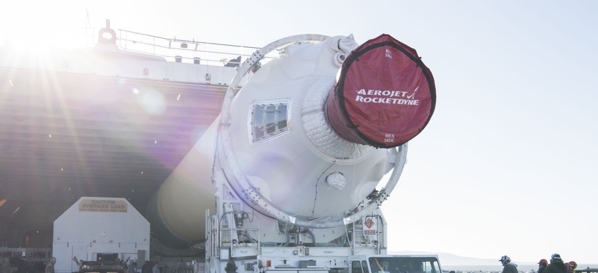 A Delta IV Heavy booster is delivered by barge to Vandenberg Air Force Base, Calif., on May 4, 2020.