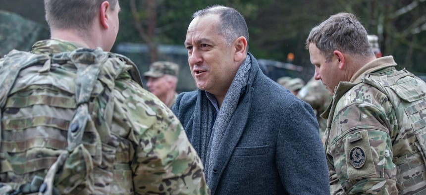 Under Secretary of the Army Gabe Camarillo, visits U.S. Army soldiers in Hohenfels, Germany, Feb. 1, 2023.
