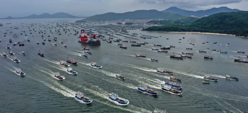 Fishing boats set sail from Yangjiang in China's Guangdong province, heading for the South China Sea on August 16, 2022.