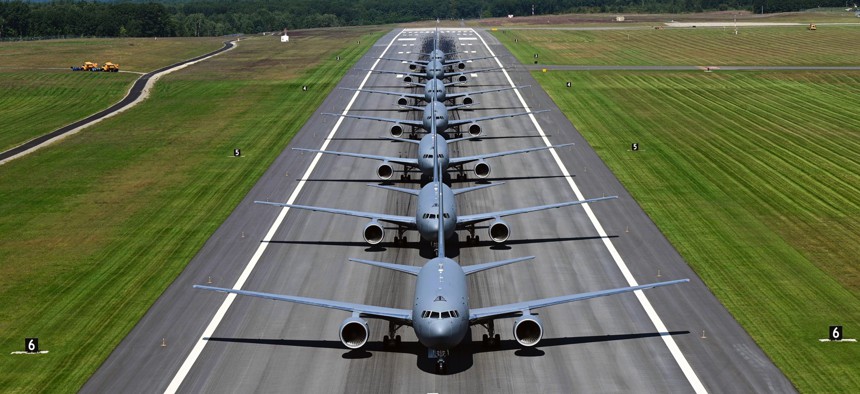 KC-46 Pegasus from Pease Air National Guard Base, N.H., participate in an elephant walk, Sept. 8, 2021.