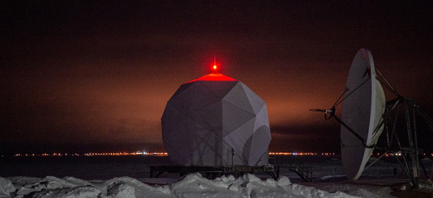 The northernmost U.S. city of Utqiagvik can be seen behind Point Barrow Long Range Radar Site (LRRS) satellite at Utqiagvik, Alaska, Feb. 3, 2023. 