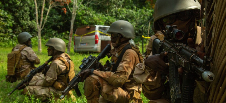 During the Flintlock 2023 exercise hosted by U.S. Special Operations Command Africa, Niger Special Operation Force Soldiers pull security on a simulated village near Abidjan, Cote d’Ivoire, March 4, 2023. 