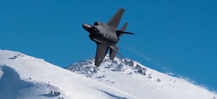 An F-35A Lightning II with the F-35 demonstration team takes a training flight near Hill Air Force Base, Utah, Jan. 7, 2020.