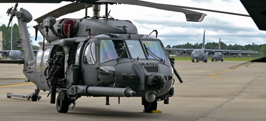 A Lockheed Martin HH-60W Jolly Green II helicopter sits on the flight line on Sept. 9, 2022, at Moody Air Force Base, Georgia.