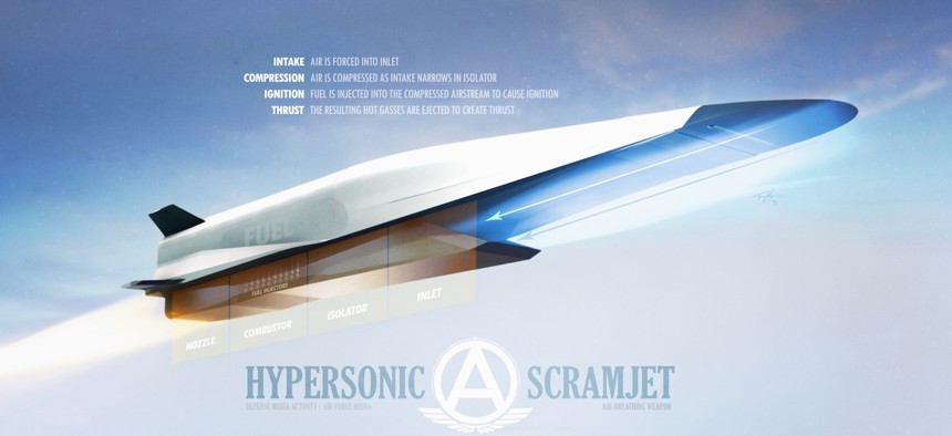 3D Illustration visualizing how the Scramjet hypersonic weapon creates thrust.