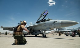 U.S. Navy Aviation Structural Mechanic Petty Officer 3rd Class Tyler Ritchie assigned to the Electronic Attack Squadron (VAQ) 138, Naval Air Station Whidbey Island, Washington, prepares an EA-18G Growler for a Red Flag 23-3 mission at Nellis Air Force Base, Nevada, July 18, 2023. 