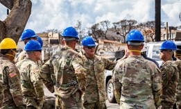 U.S. Army Gen. Charles A. Flynn, commanding general of the U.S. Army Pacific, alongside the command element of the Combined Joint Task Force 50 (CJTF-50) meets with search, rescue and recovery personnel in Lahaina, Maui, Aug. 15, 2023.