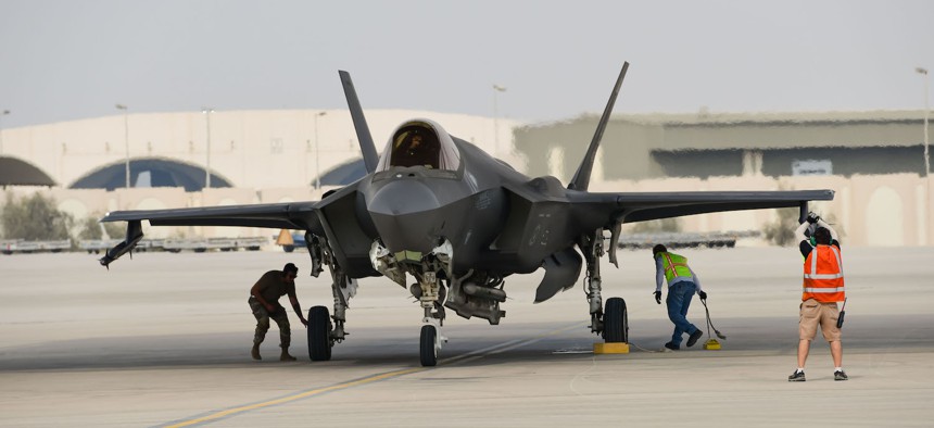 A U.S. Air Force F-35 Lightning II assigned to the 421th Expeditionary Fighter Squadron parks after landing at a base in the U.S. Central Command area of responsibility, Aug.15, 2023.