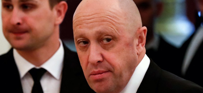 This picture taken on July 4, 2017 shows Russian businessman Yevgeny Prigozhin prior to a meeting with business leaders held by Russian and Chinese presidents at the Kremlin in Moscow