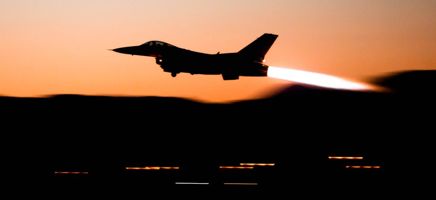 An F-16 Fighting Falcon takes off during night operations at Luke Air Force Base, Ariz., May 24, 2023.