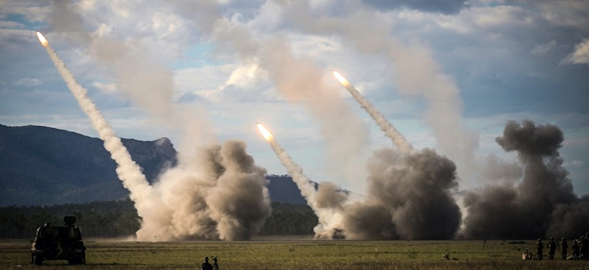 A missile is launched from a United States military HIMARS system during joint military drills at a firing range in northern Australia as part of Exercise Talisman Sabre on July 22, 2023. 