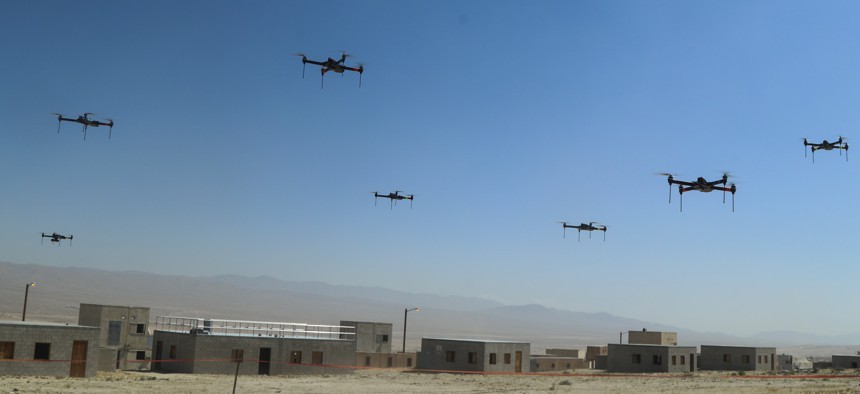In this 2019 photo, the 11th Armored Cavalry Regiment operates a swarm of 40 drones during a mock battle at the National Training Center at Fort Irwin, California.