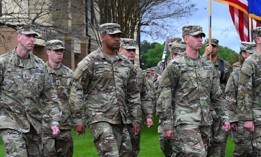 U.S. Space Force Guardians march by for pass and review at Officer Training School, March 10, 2023, at Welch Field, Maxwell Air Force Base, Alabama. 
