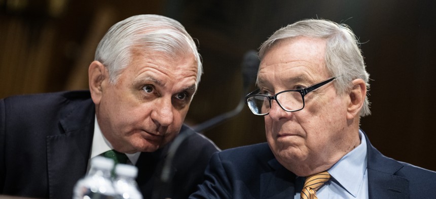Sens. Richard Durbin, D-Ill., right, and Jack Reed, D-R.I., at the Senate Appropriations Committee markup of the Military Construction, Veterans Affairs, and Related Agencies Appropriations Act, 2024, in the Dirksen Senate Building on June 22, 2023. 