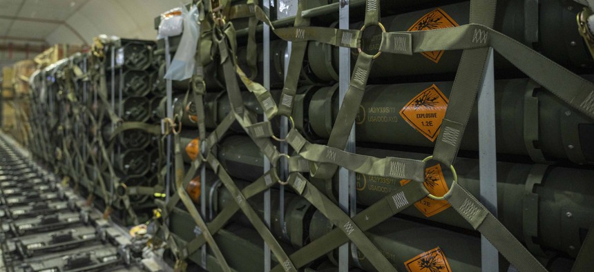 Pallets of ammunition bound for Ukraine from Dover Air Force Base, Delaware, Jan. 13, 2023.