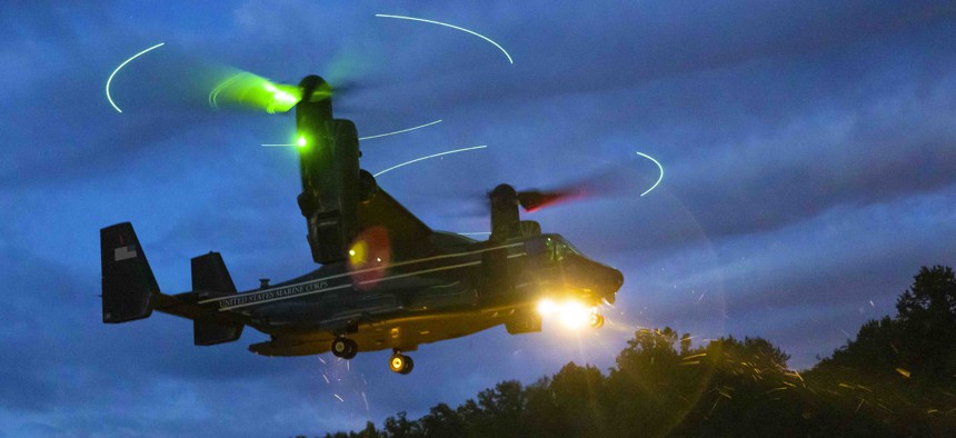 A Marine Corps MV-22 Osprey prepares to land during a squad competition at Marine Corps Base Quantico, Va., April 24, 2023.