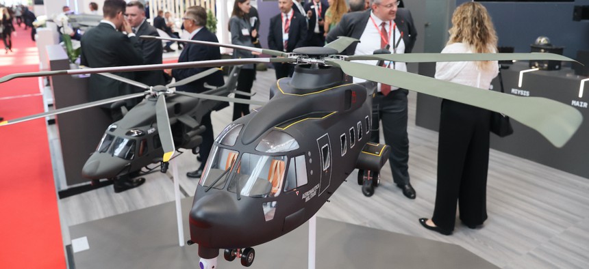 Helicopters models at the 31st International Defence Industry Exhibition MSPO in Kielce, Poland, on September 5, 2023.
