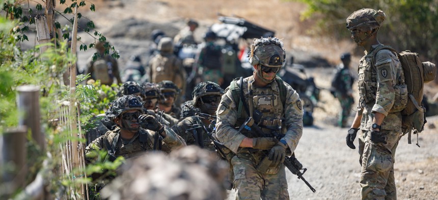 Soldiers with Cold Steele Company, 1-27 Battalion, 2nd Infantry Brigade, participate in the Combined Arms Live Fire Exercise while supporting Super Garuda Shield 2023, at the 5th Marine Combat Training Center in Indonesia., Sept. 11, 2023.