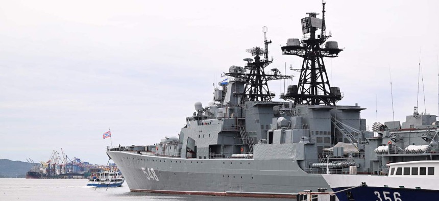 A Russian navy ship in the Russian port city of Vladivostok, September 13, 2023. 