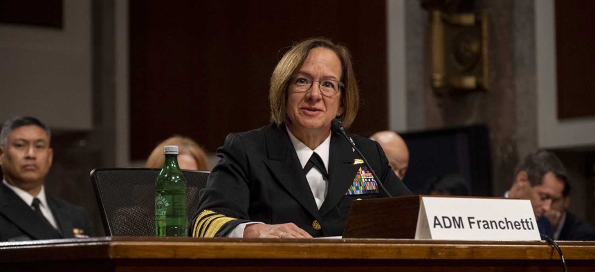  Vice Chief of Naval Operations Adm. Lisa Franchetti answers questions from members of the Senate Armed Services Committee during her confirmation hearing at the Dirksen Senate Office Building, Washington, D.C., Sep. 14, 2023. 
