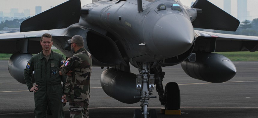 A Rafale fighter jet from France on display at Halim Perdana Kusuma Military Base in Jakarta, Indonesia on July 26, 2023. 
