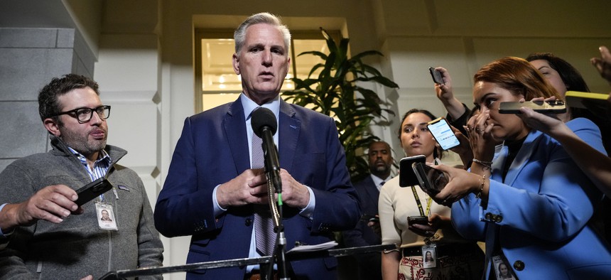 Speaker of the House Kevin McCarthy, R-Calif., addresses reporters after a House Republican caucus meeting at the U.S. Capitol on Sept. 19, 2023. McCarthy reportedly postponed a vote to begin consideration of a stopgap spending bill to avoid a government shutdown because it failed to mollify conservatives in his caucus. 