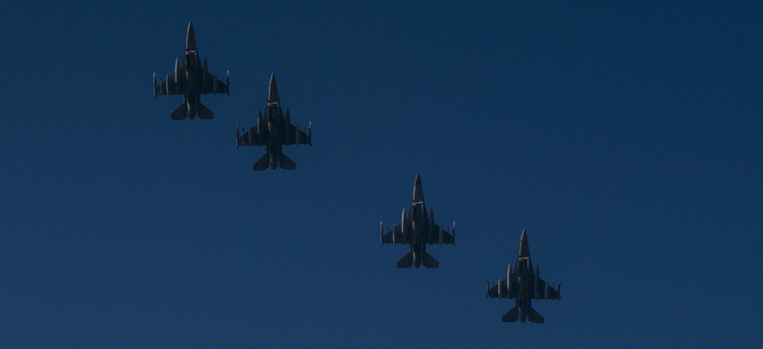 A formation of U.S. Air Force F-16 Fighting Falcons in 2015. 