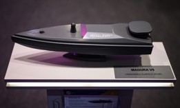 A model of a Magura V5 unmanned surface vessel by Ukrainian company STE is seen on day one of the Defence and Security Equipment International (DSEI) fair at ExCel on September 12, 2023, in London, England.