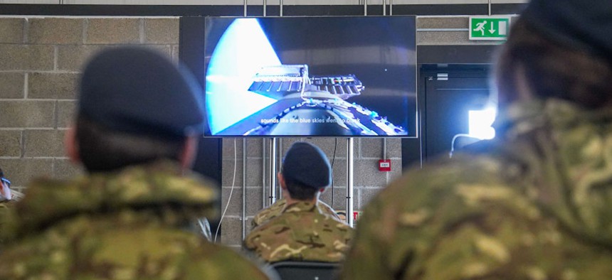 Young Royal Air Force cadets from Devon and Cornwall tour the Space Systems Integration Facility at Spaceport Cornwall on April 14, 2023, in Newquay, England.