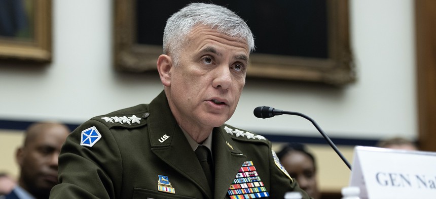 Army Gen. Paul Nakasone, commander of U.S. Cyber Command, testifies before the House Armed Services Committee in Washington, D.C., March 30, 2023. 