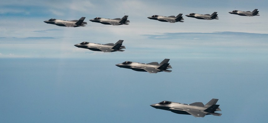 U.S. Air Force F-35 Lightning IIs fly with Republic of Korea Air Force F-35s as part of a bilateral exercise over the Yellow Sea, Republic of Korea, July 12, 2022. 