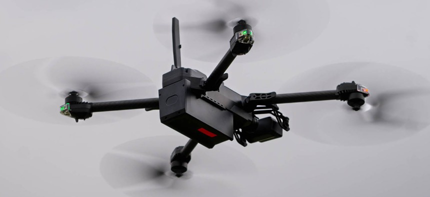 A Skydio X2d quadcopter drone on March 8, 2023, in Belleville, Illinois.