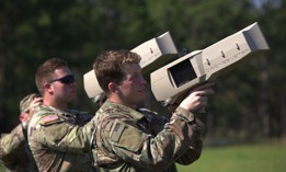 Paratroopers with the Army's 82nd Airborne Division train on Dronebuster counter unmanned aircraft systems at Fort Liberty, North Carolina, July 28, 2023.