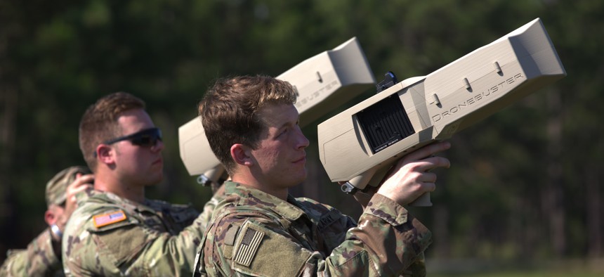 Paratroopers with the Army's 82nd Airborne Division train on Dronebuster counter unmanned aircraft systems at Fort Liberty, North Carolina, July 28, 2023.